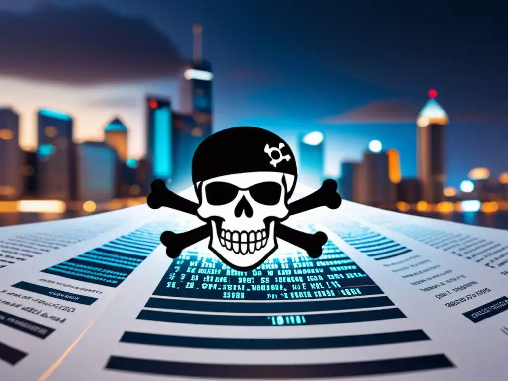 Un barco pirata digital navega entre códigos binarios, con banderas de calaveras y una ciudad moderna al fondo