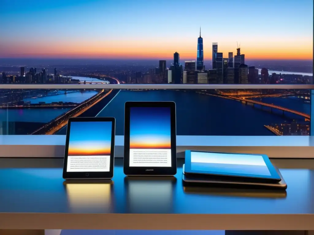 Universo digital entre rascacielos al atardecer Una biblioteca digital en un entorno urbano futurista