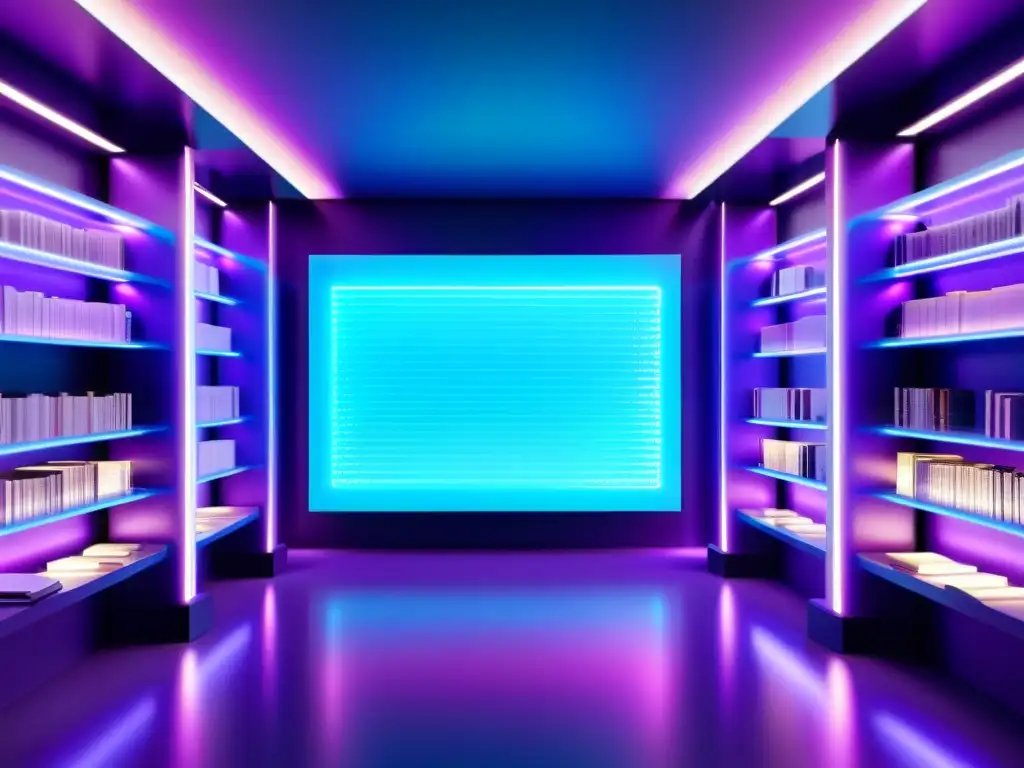 Biblioteca digital futurista con libros holográficos Una biblioteca digital futurista con estantes luminosos llenos de ebooks, hologramas y luces azules y moradas