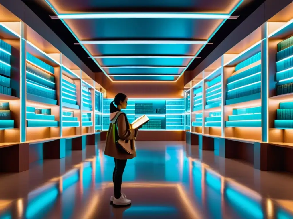 Una biblioteca digital futurista con libros holográficos y pantallas interactivas, representando las predicciones del derecho de autor en la era digital