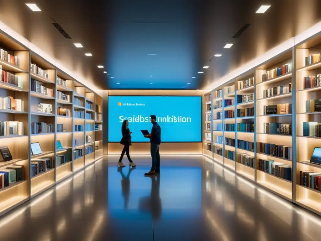 Una biblioteca digital innovadora con tecnología futurista, mostrando libros virtuales y patrones explorando recursos