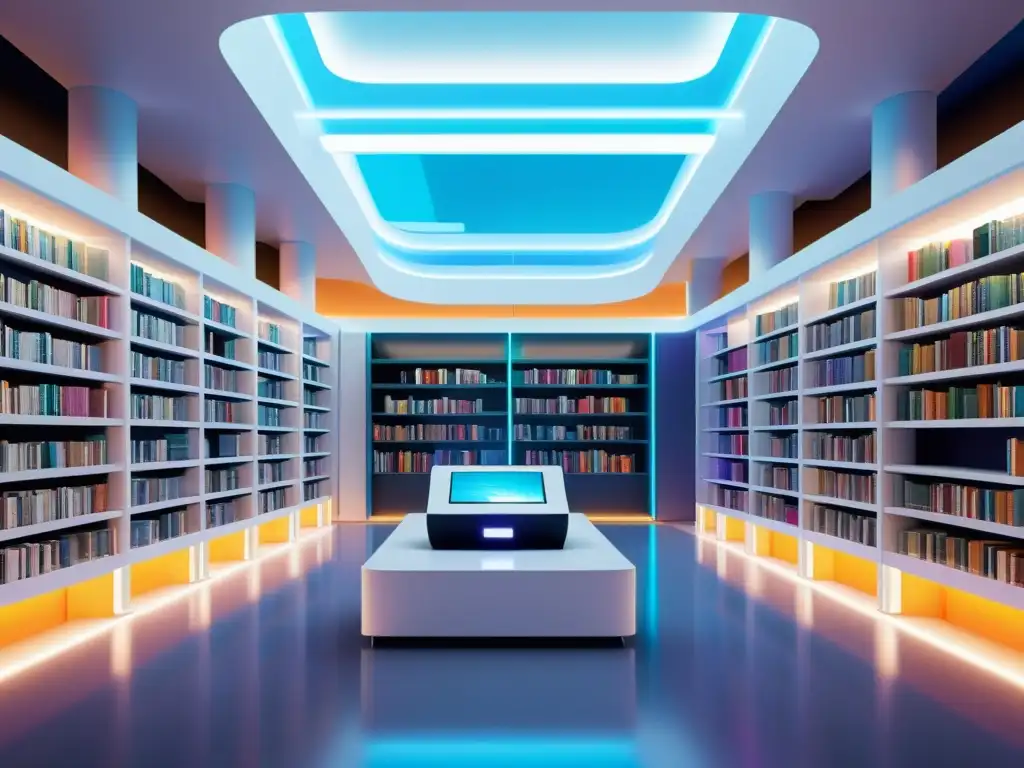 Una biblioteca futurista con libros holográficos, estaciones de lectura interactivas y colores vibrantes