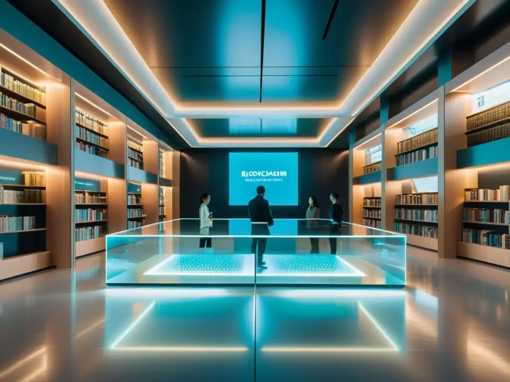 Una biblioteca futurista con suelos transparentes y exhibiciones de libros holográficos, rodeada de arquitectura minimalista bañada en luz etérea