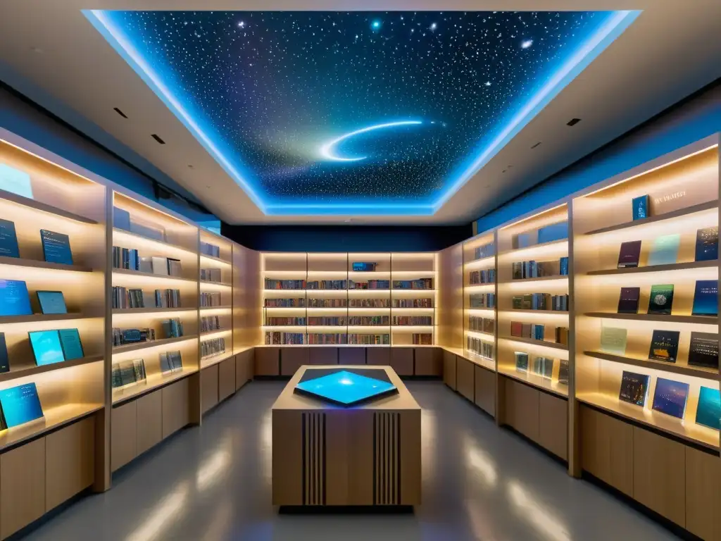Una biblioteca futurista con suelos transparentes, estantes holográficos y arte digital