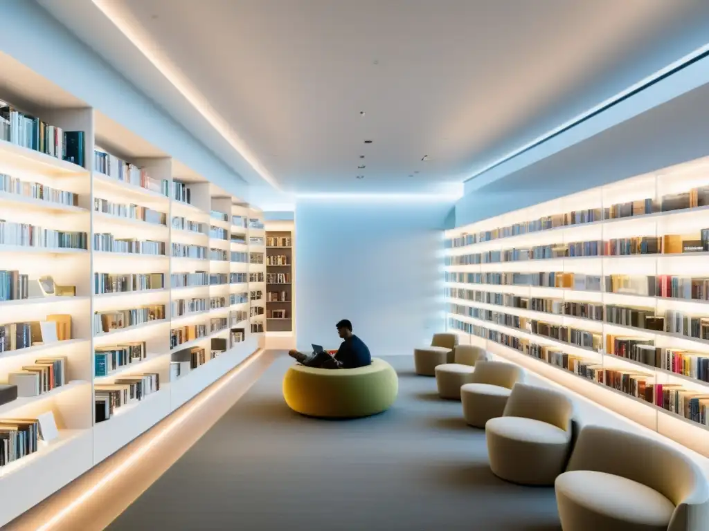 Una biblioteca moderna con estantes blancos y brillantes, pantallas digitales y pods de lectura futuristas