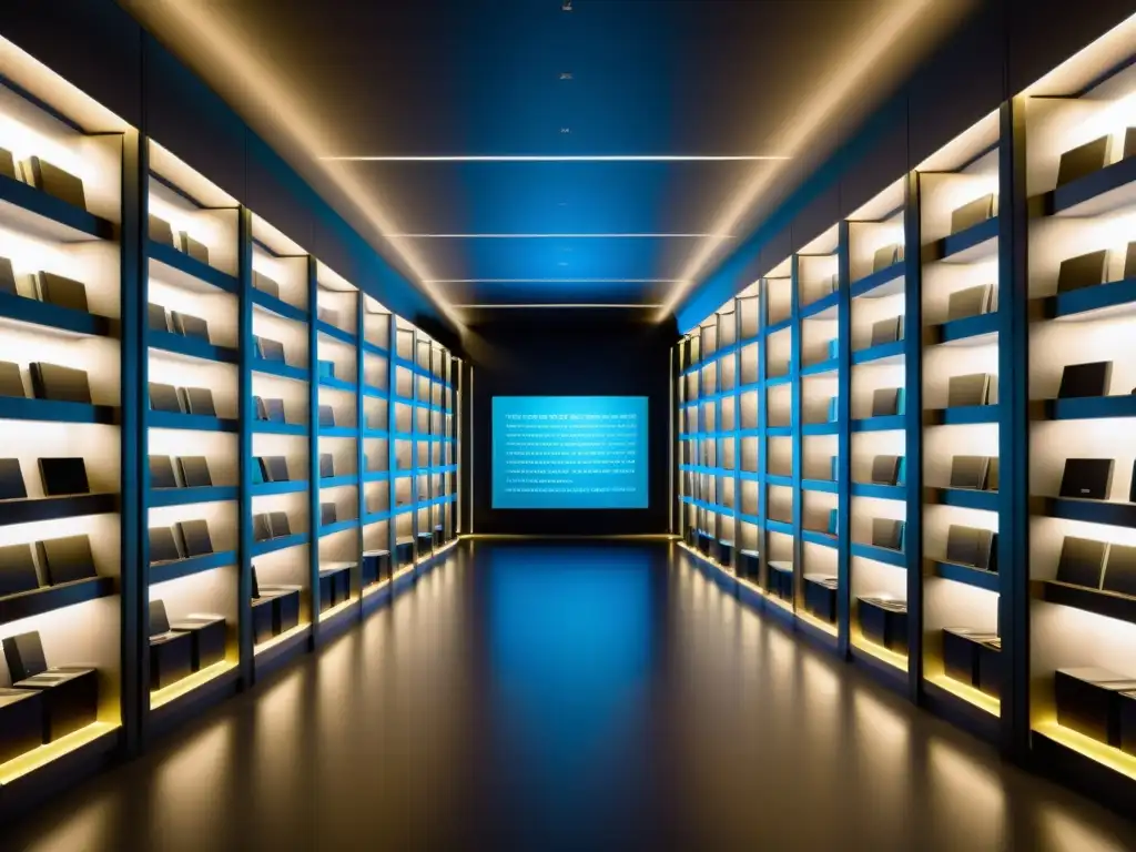 Una biblioteca moderna con estantes de libros digitales y tabletas iluminados por luces LED, adaptando la ley derechos autor al mundo digital