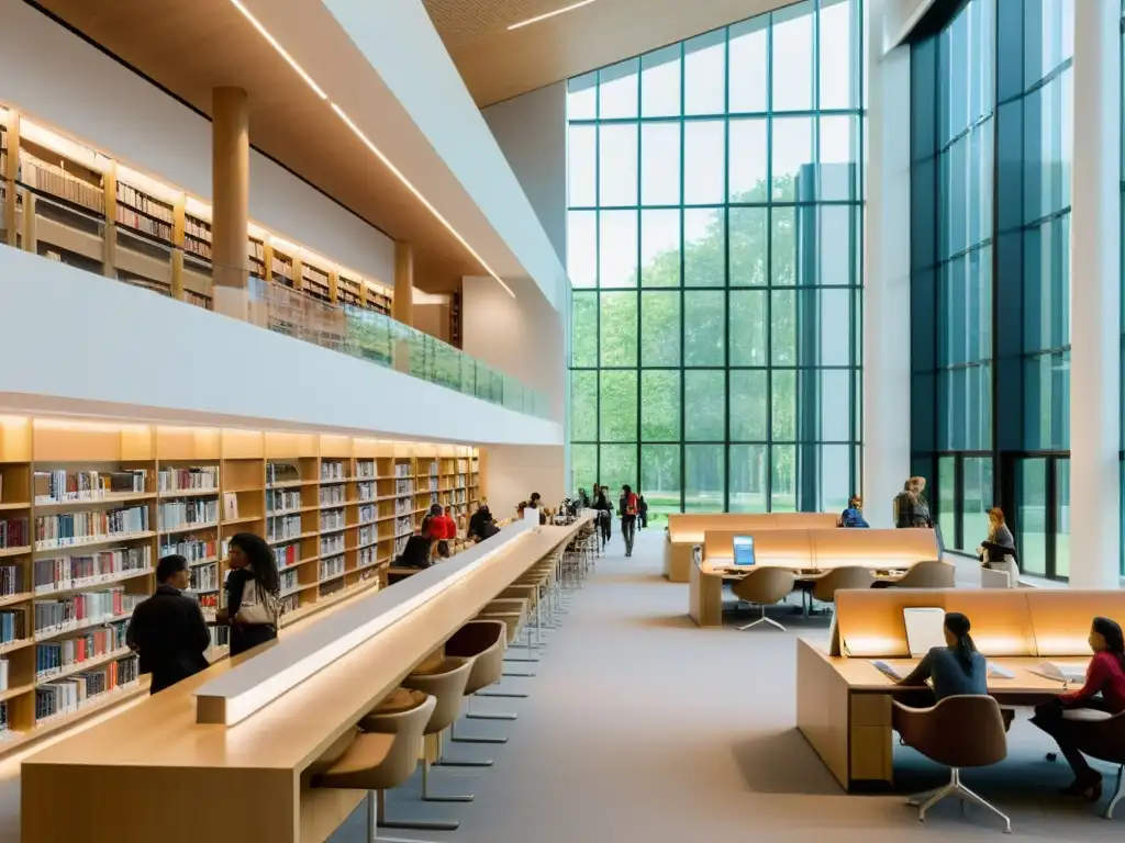 Una biblioteca moderna llena de diversidad, donde el equilibrio entre acceso e propiedad intelectual se refleja en la atmósfera de curiosidad e intercambio de información entre personas de todas las edades y orígenes