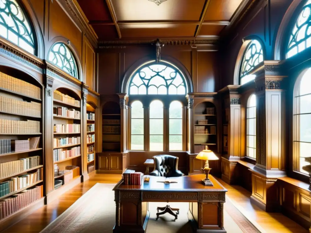 Una biblioteca pintoresca con estantes llenos de libros encuadernados en cuero, bañada en cálida luz natural a través de ventanas arqueadas