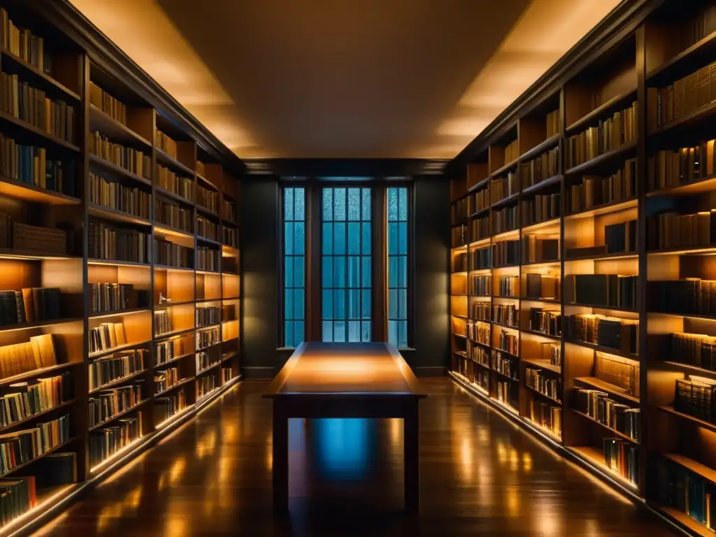 Una biblioteca tenue con estanterías altas repletas de libros, bañada en cálida luz dorada