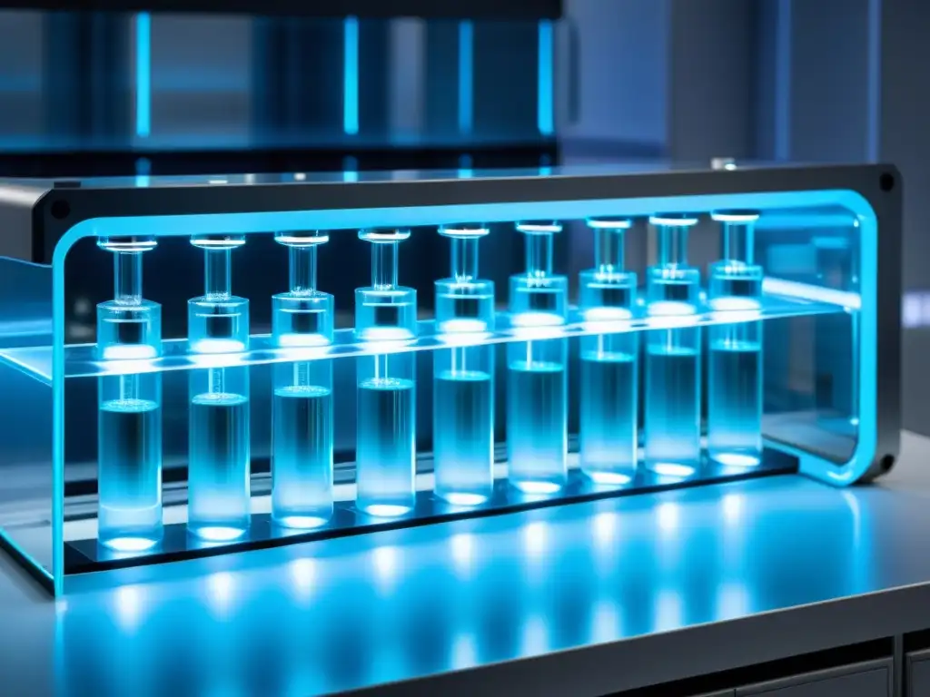 Un bioreactor futurista, iluminado con un suave resplandor azul, muestra la integración de la inteligencia artificial en biotecnología