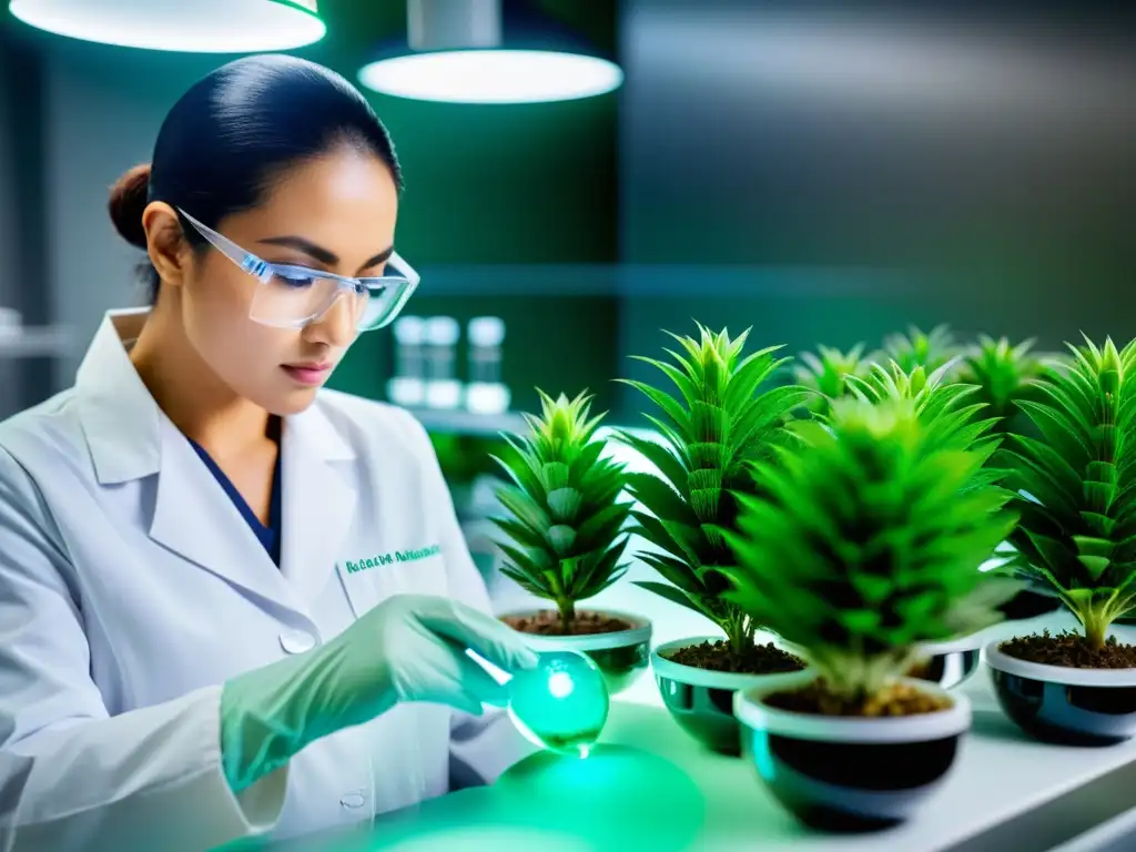 Un biotecnólogo extrae compuestos naturales de plantas exóticas en un laboratorio moderno para cosméticos sostenibles