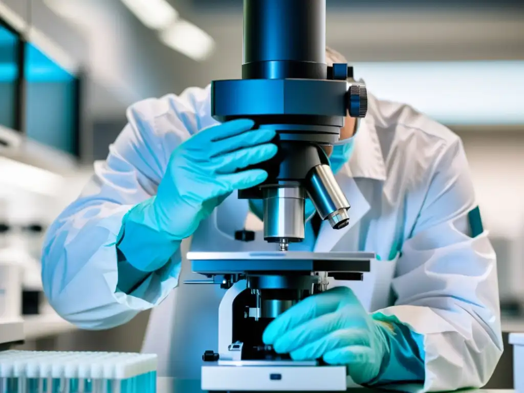 Un biotecnólogo manipula con precisión material genético bajo un microscopio de alta potencia en un laboratorio de vanguardia