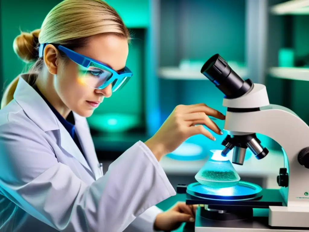 Un biotecnólogo en un laboratorio moderno examina nuevas patentes farmacéuticas en biotecnología bajo el microscopio, mostrando innovación y precisión