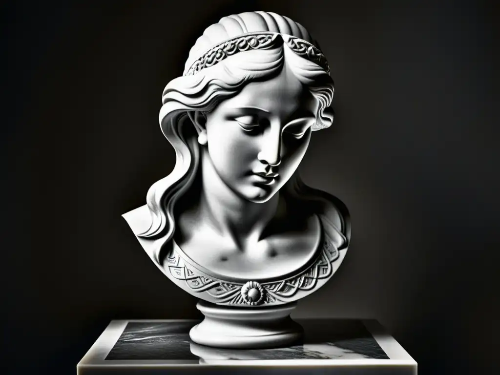 Una fotografía en blanco y negro de una escultura clásica con detalles y texturas, evocando belleza atemporal