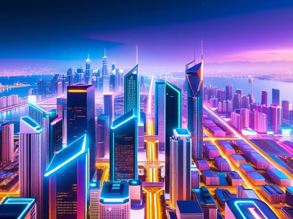 Implementación de Blockchain en gestión de derechos de autor: Ciudad futurista vibrante con rascacielos iluminados por luces de neón y vehículos voladores, evocando avance tecnológico y conexión