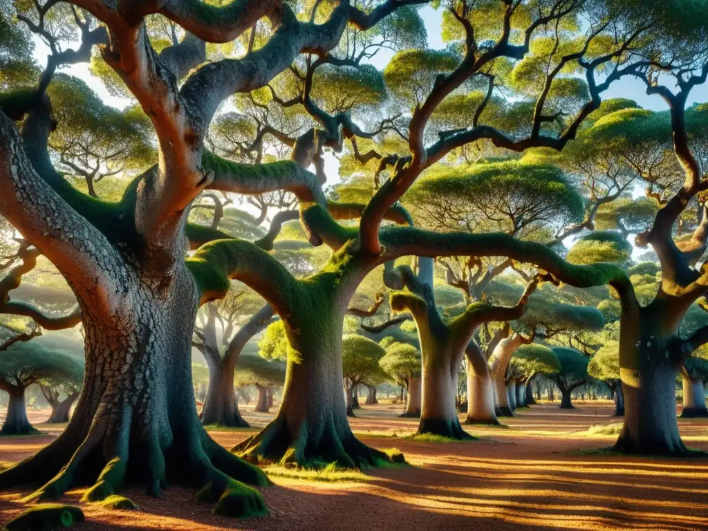 Un bosque de alcornoques tradicional portugués, con su corteza texturizada iluminada por el sol filtrado