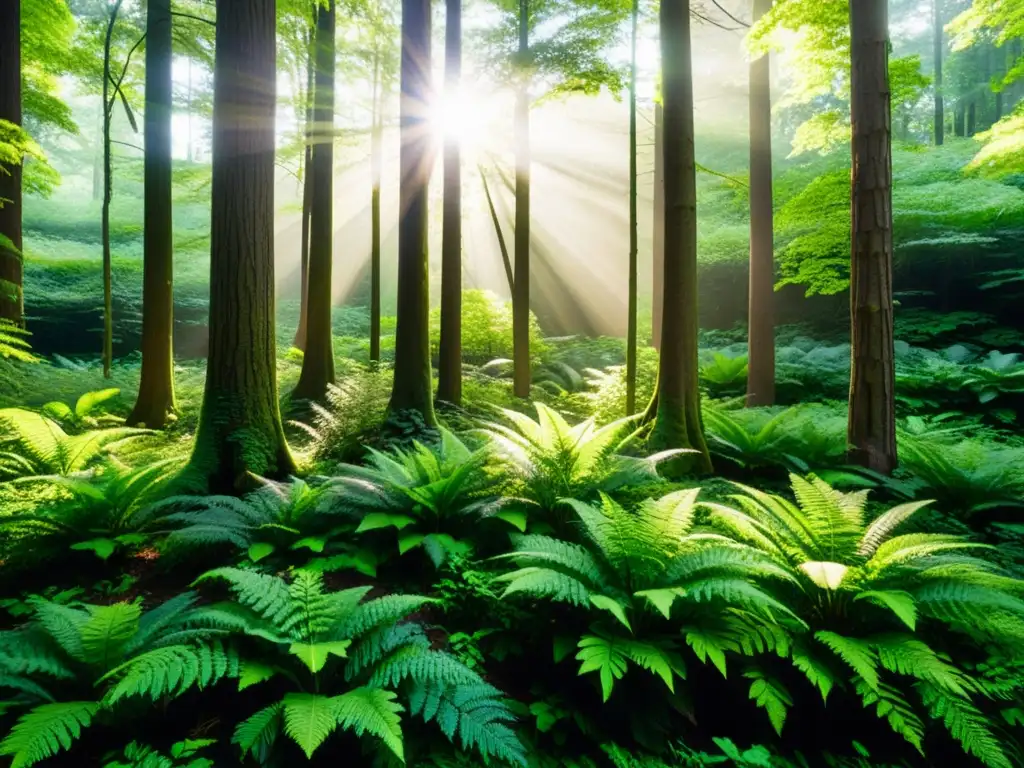 Un bosque exuberante y frondoso con luz solar filtrándose entre el dosel, creando sombras moteadas en el suelo del bosque