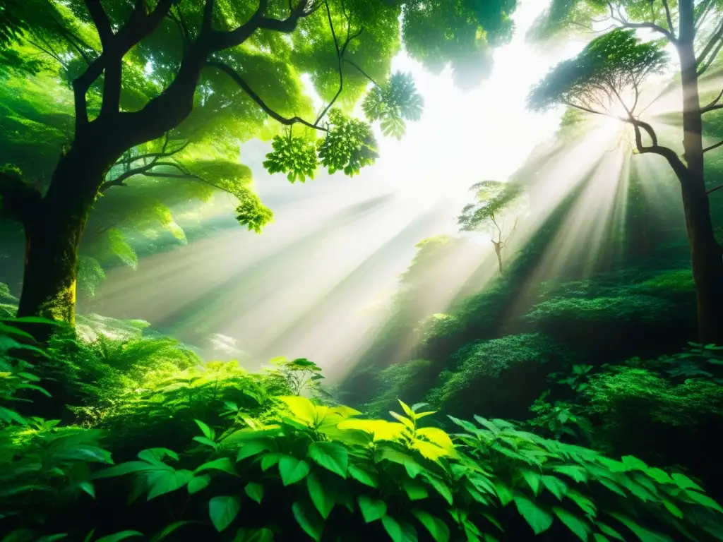 Un bosque exuberante con luz solar filtrándose a través del dosel, capturando la belleza y tranquilidad de la naturaleza