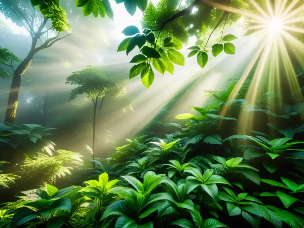 Un bosque exuberante con luz solar filtrándose entre el dosel, resaltando hojas vibrantes y diversa vida vegetal