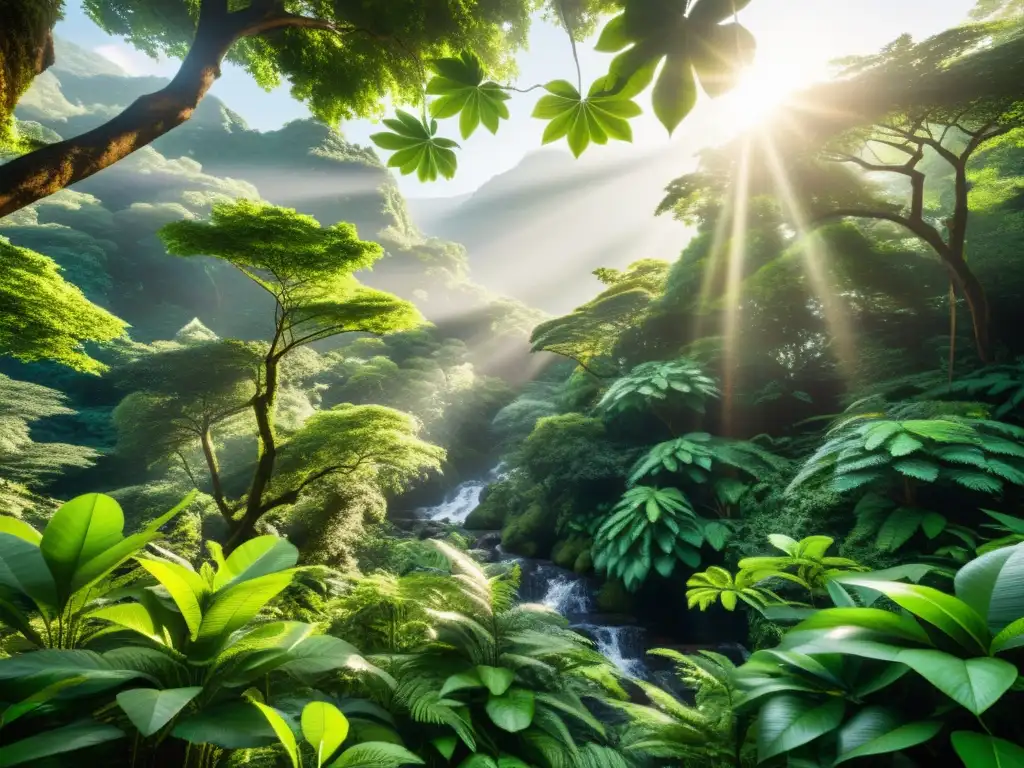 Un bosque exuberante con luz solar filtrándose a través del dosel, resaltando la frondosidad y diversidad del ecosistema