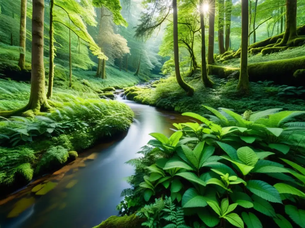 Un bosque exuberante y sereno, con árboles majestuosos que se alzan hacia el cielo