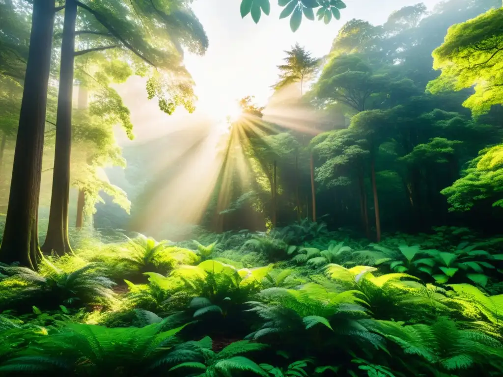 Un bosque exuberante y vibrante, bañado por la cálida luz del sol