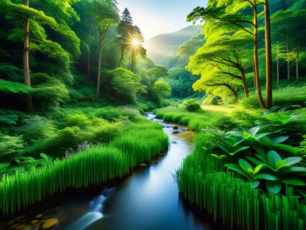 Un bosque exuberante y vibrante, con luz solar filtrándose a través del dosel, creando una hermosa gama de tonos verdes
