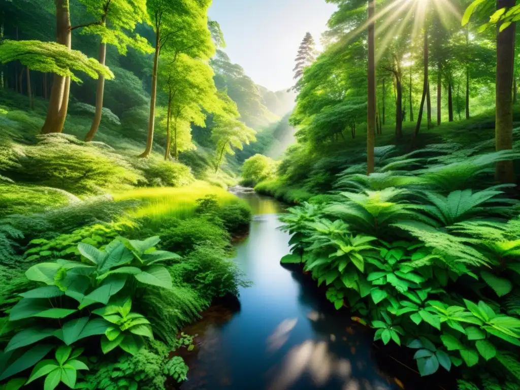 Un bosque exuberante y vibrante con luz solar filtrándose a través del dosel, resaltando los diversos tonos verdes de la vegetación