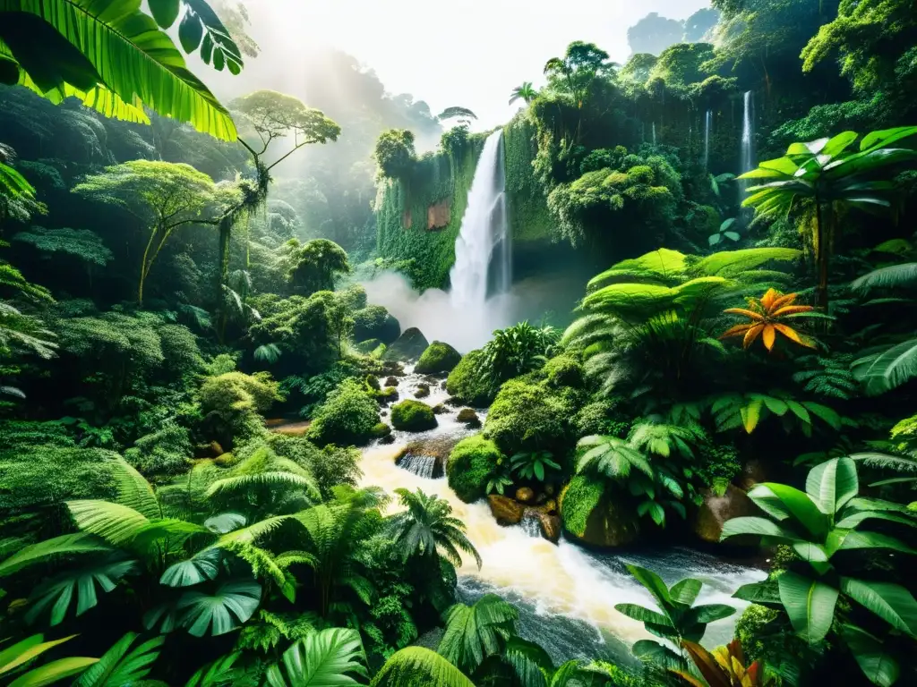 Un bosque lluvioso exuberante con flora vibrante, árboles imponentes y vida silvestre diversa, bañado por la luz del sol