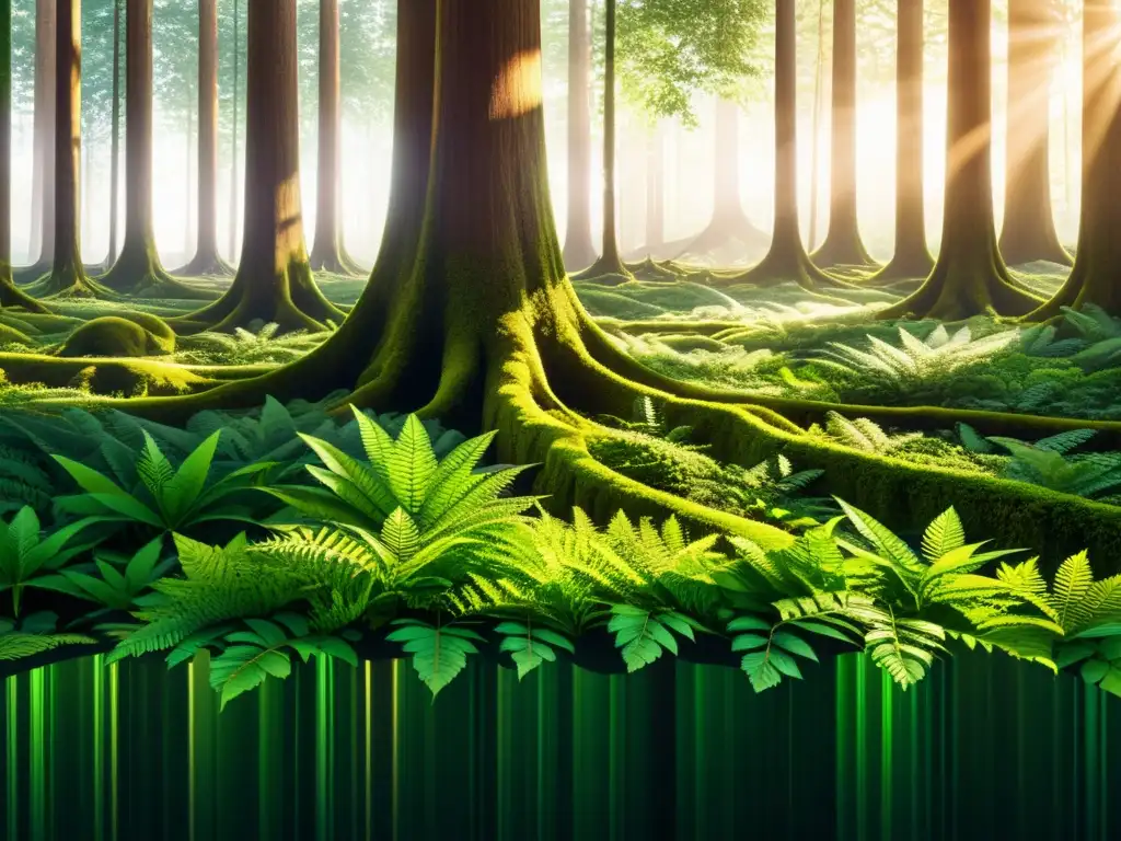 Bosque exuberante: luz solar entre hojas crea un espectáculo natural Bosque verde exuberante con luz solar entre hojas, sombras y patrones naturales