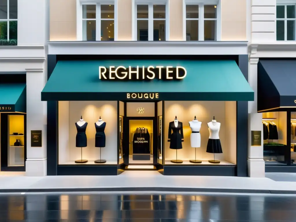 Una boutique de moda exclusiva con clientes elegantes y el símbolo de 'marca registrada' en el escaparate