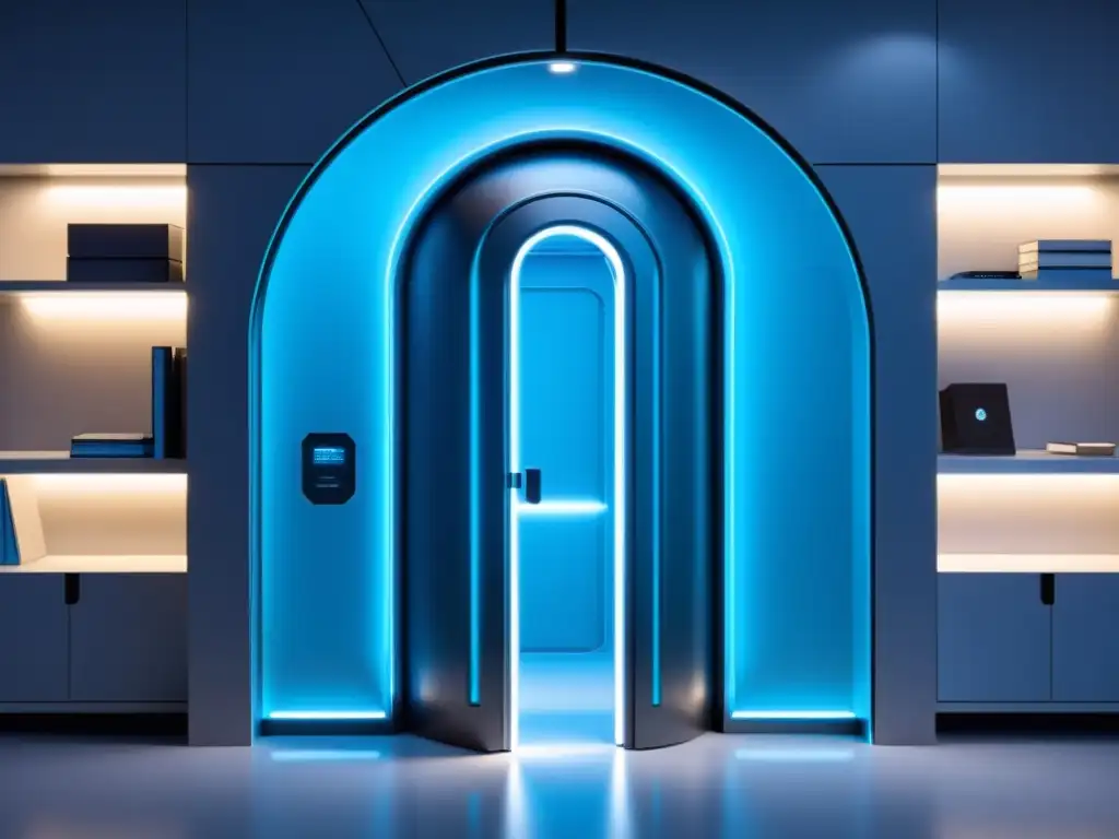 Una bóveda futurista en una oficina minimalista, con tecnología de protección secretos comerciales startup, irradiando luz azul