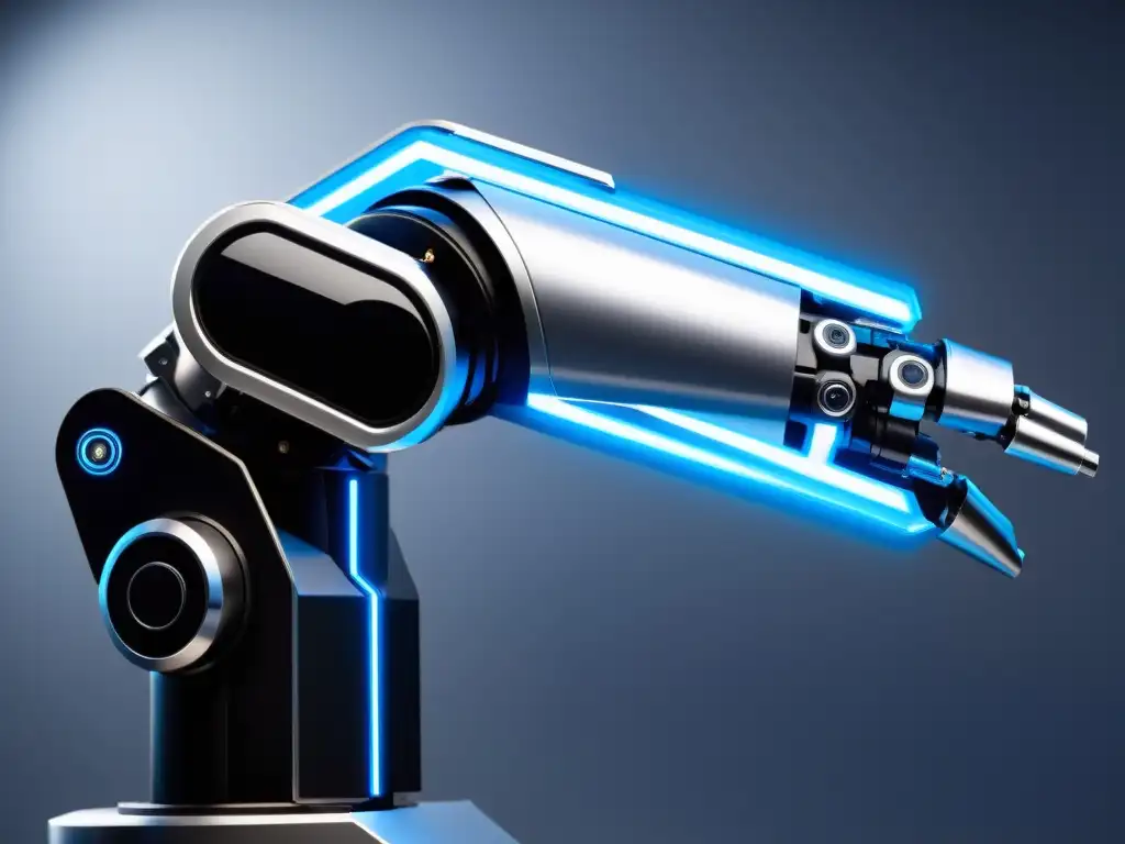 Un brazo robot futurista y elegante, con luces LED azules, listo para manipular componentes electrónicos en un laboratorio de alta tecnología