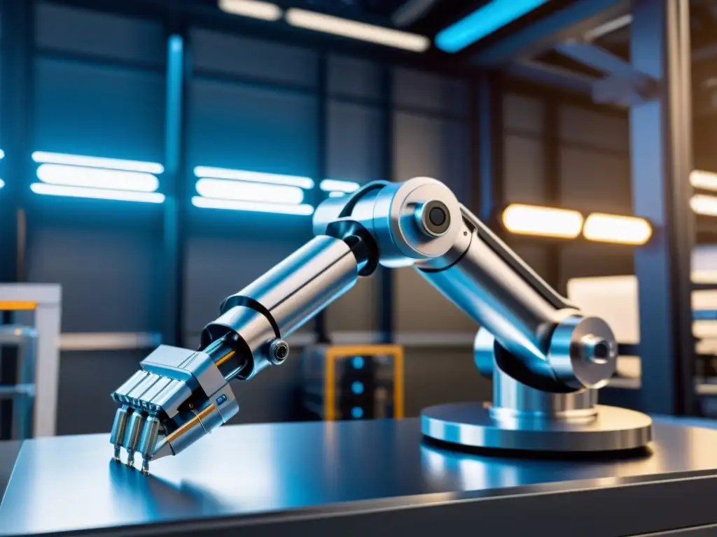 Un brazo robótico de alta tecnología ensambla una estructura, en un laboratorio futurista