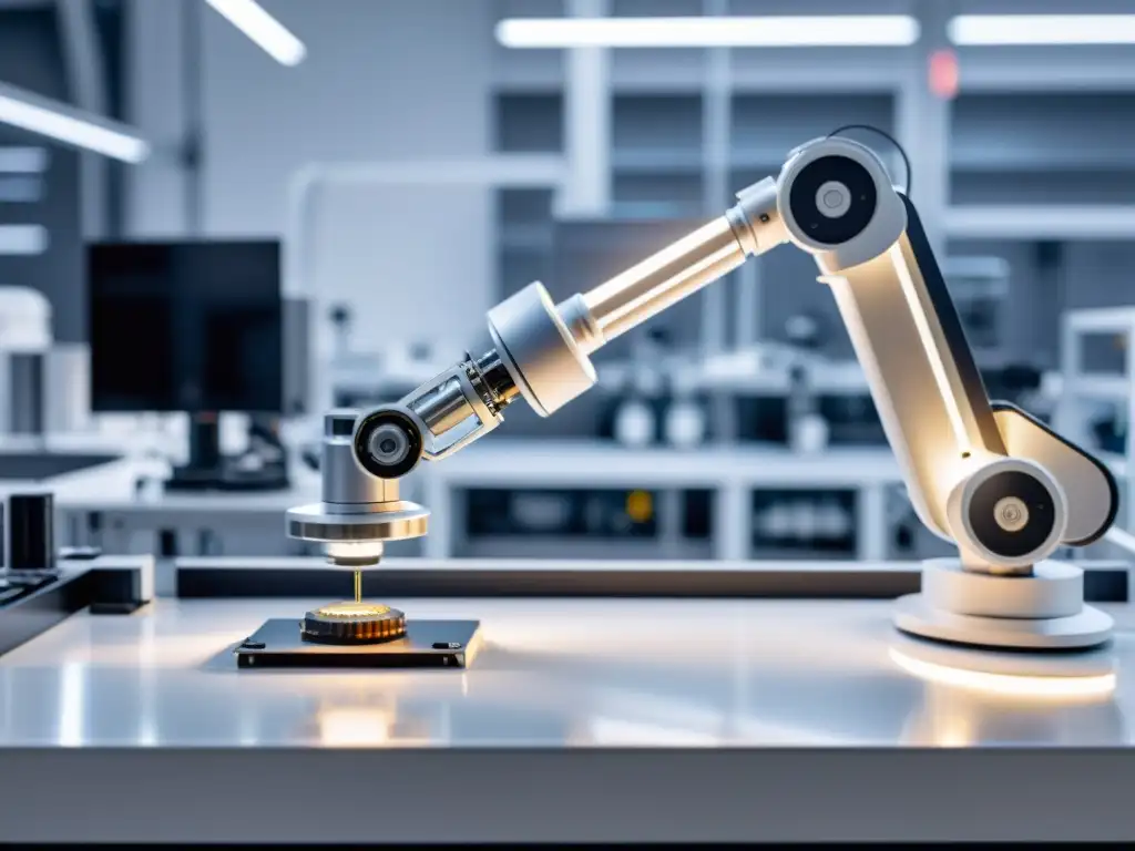 Un brazo robótico de alta tecnología manipula objetos en un laboratorio, reflejando innovación y precisión en la industria robótica
