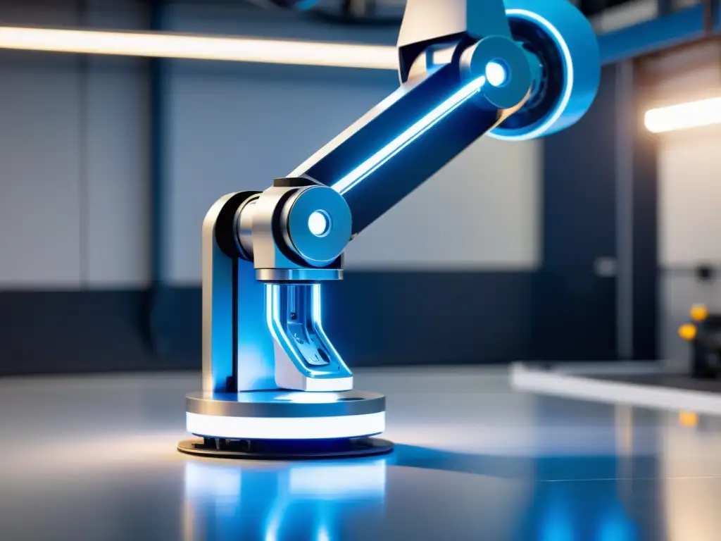 Un brazo robótico de diseño futurista realiza movimientos precisos en una instalación de alta tecnología, exudando innovación en el diseño industrial