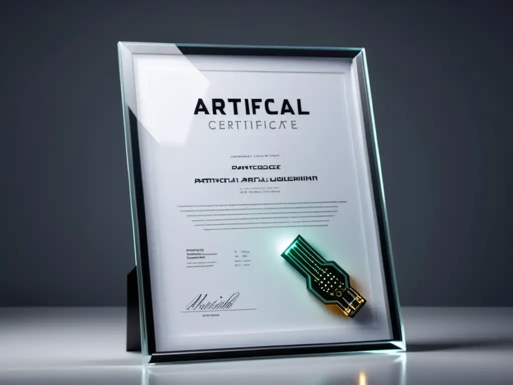 Un brazo robótico futurista sostiene un certificado de patente de Inteligencia Artificial, exhibiendo precisión y sofisticación