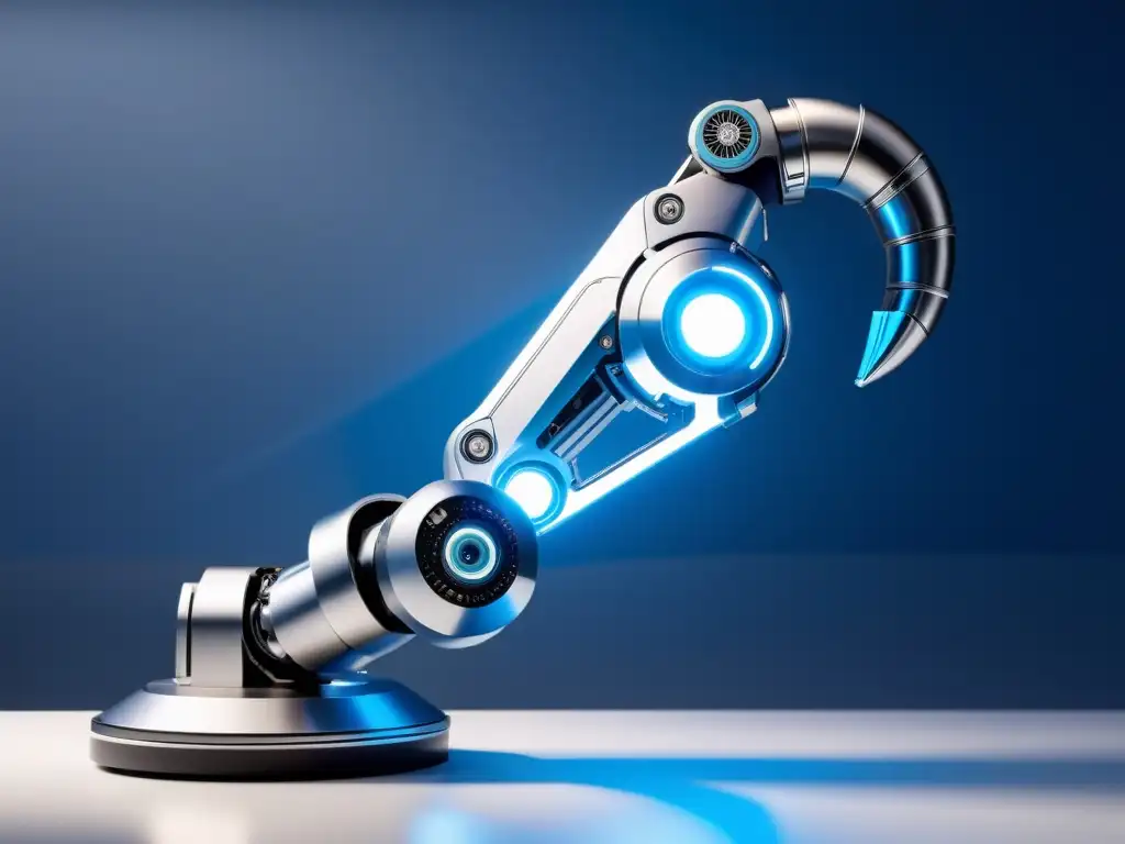 Un brazo robótico futurista y detallado destaca en un espacio de trabajo moderno, reflejando una identidad comercial única con marcas registradas