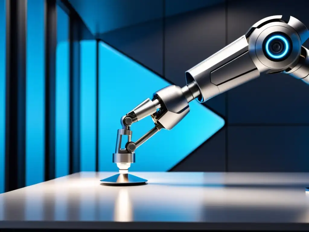 Un brazo robótico futurista manipulando diseño digital en una oficina moderna, proyecta innovación en protección propiedad intelectual robótica