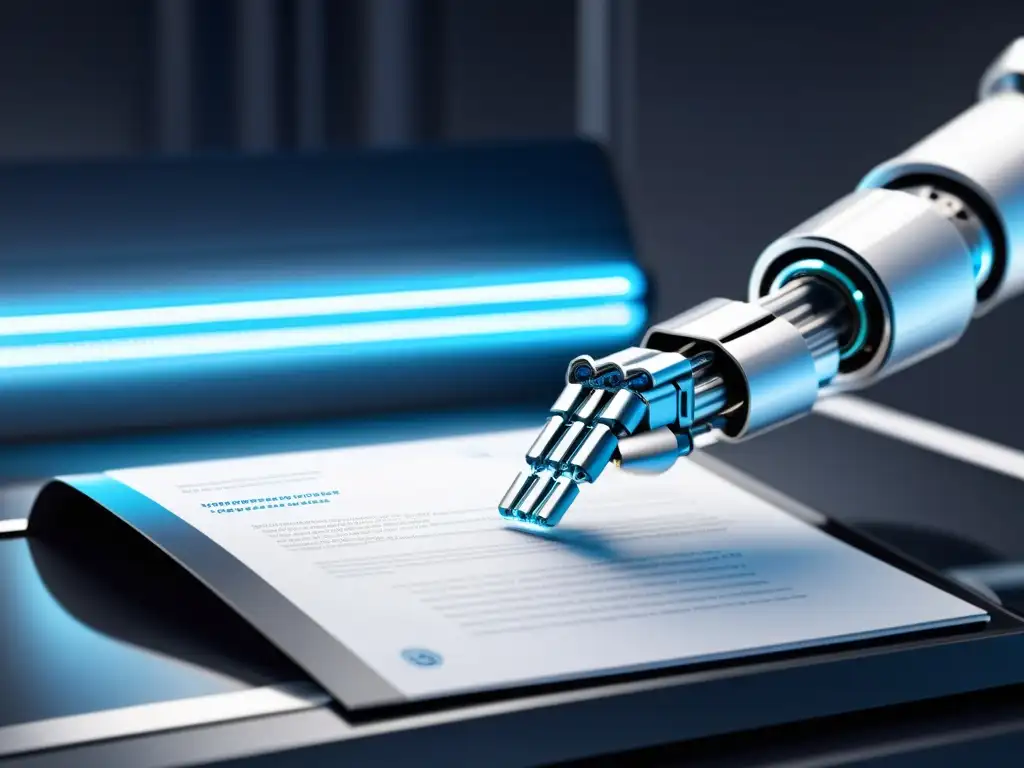 Un brazo robótico futurista sostiene un documento de patente, simbolizando el impacto de la IA en patentes en un entorno tecnológico moderno