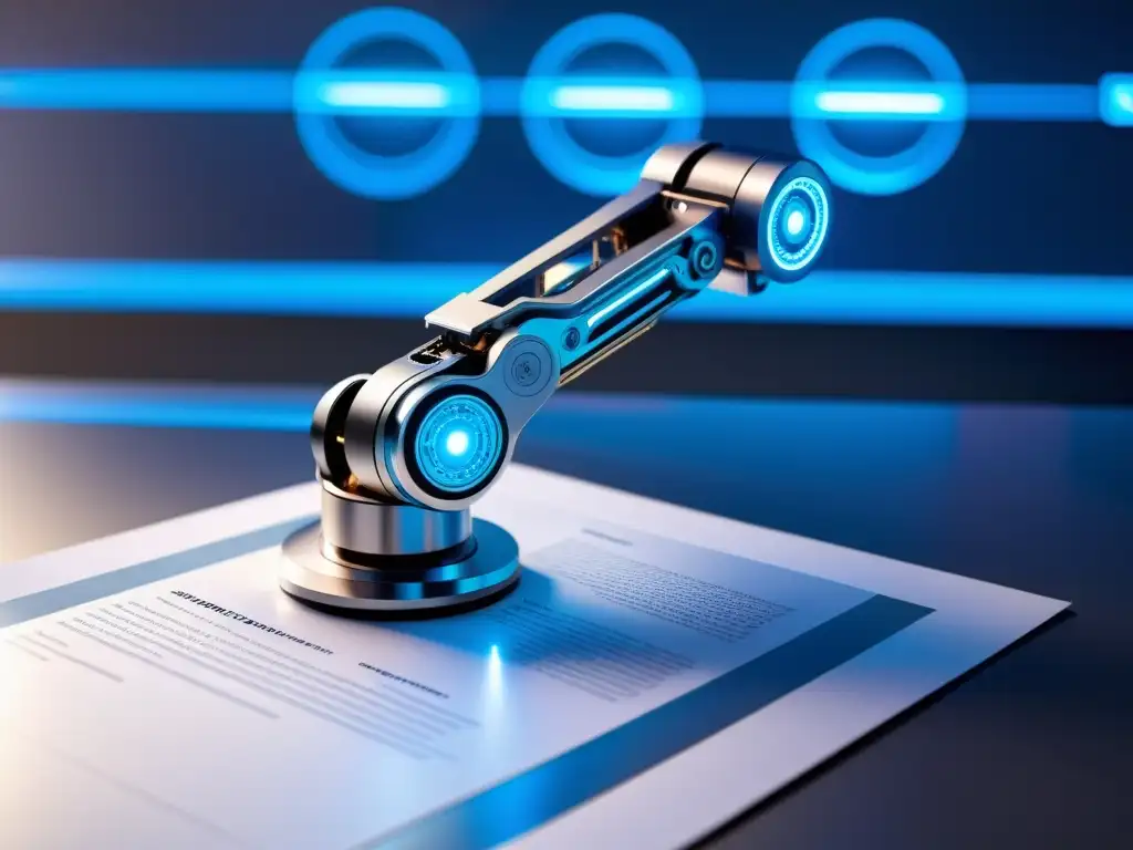 Un brazo robótico futurista manipula un documento de patente en un entorno de oficina de alta tecnología con luces azules brillantes
