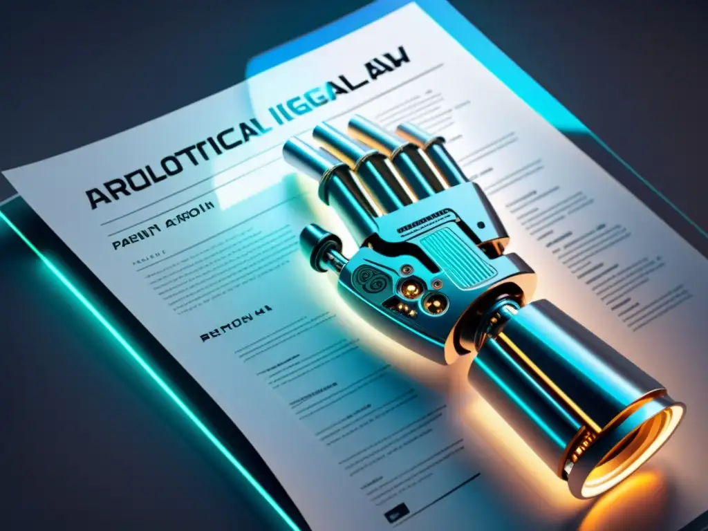 Un brazo robótico futurista sostiene un documento de patente, rodeado de texto legal holográfico y símbolos, mostrando el impacto de la IA en patentes