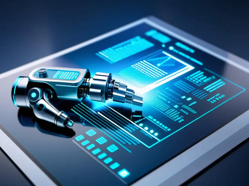 Un brazo robótico futurista manipula un documento de patente en un laboratorio de alta tecnología, con líneas de código y datos brillantes