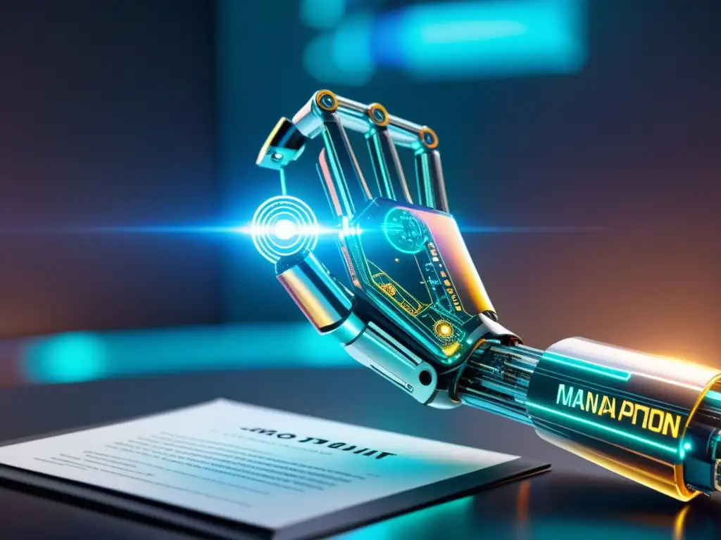 Un brazo robótico futurista manipula documentos de patentes y marcas, con patrones de circuitos brillantes visibles