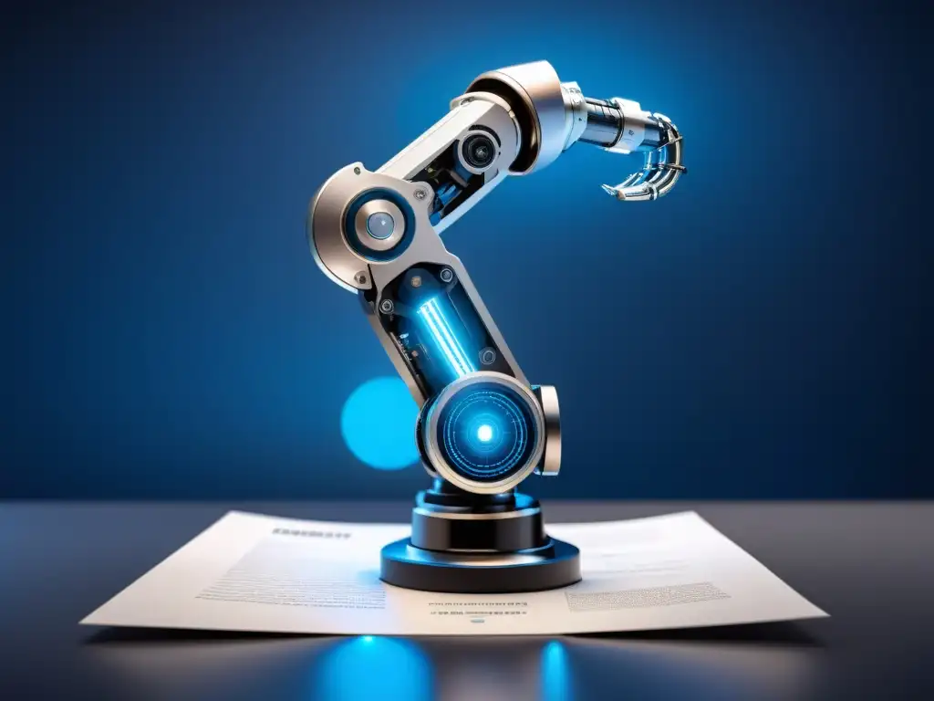 Un brazo robótico futurista escaneando documentos de patentes, simbolizando la integración de la Inteligencia Artificial en Patentes