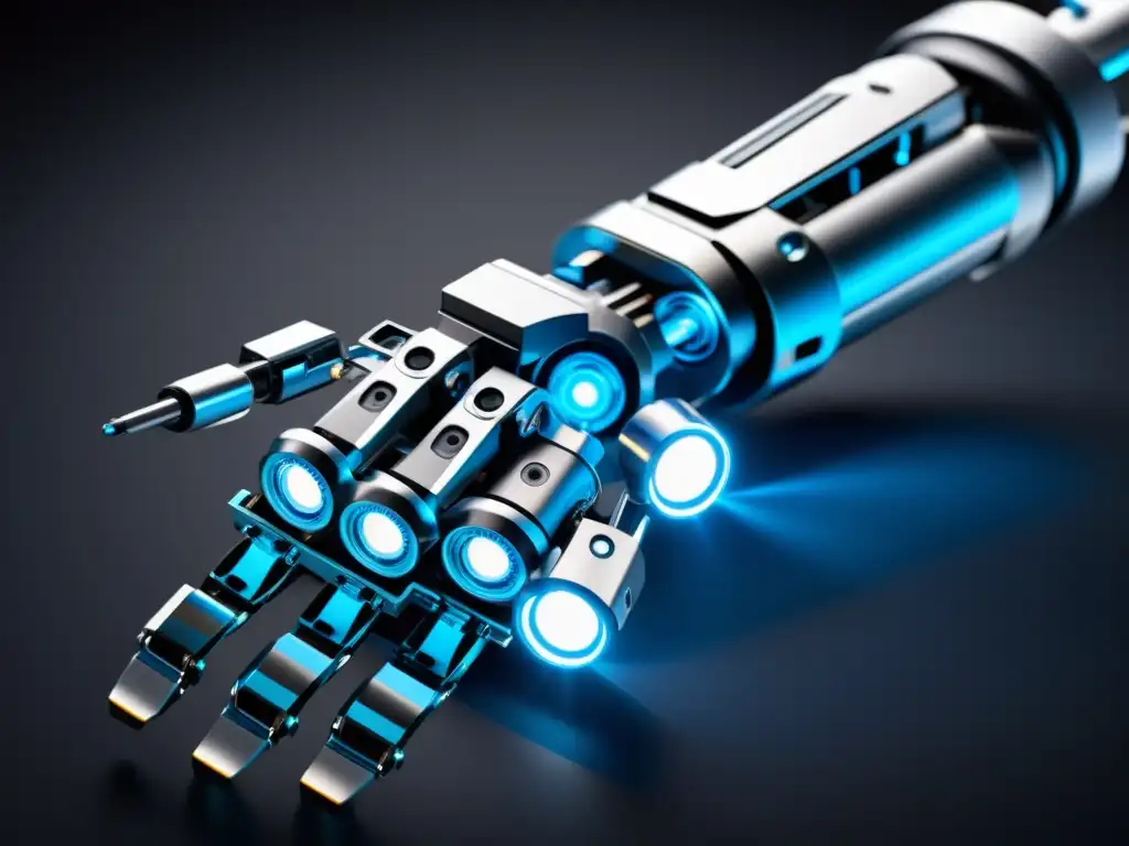 Un brazo robótico futurista y elegante con detalles metálicos intrincados y acentos azules brillantes se muestra contra un fondo oscuro