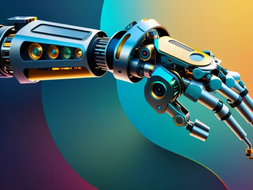 Un brazo robótico futurista pintando una intrincada obra digital, representando la protección propiedad intelectual robótica