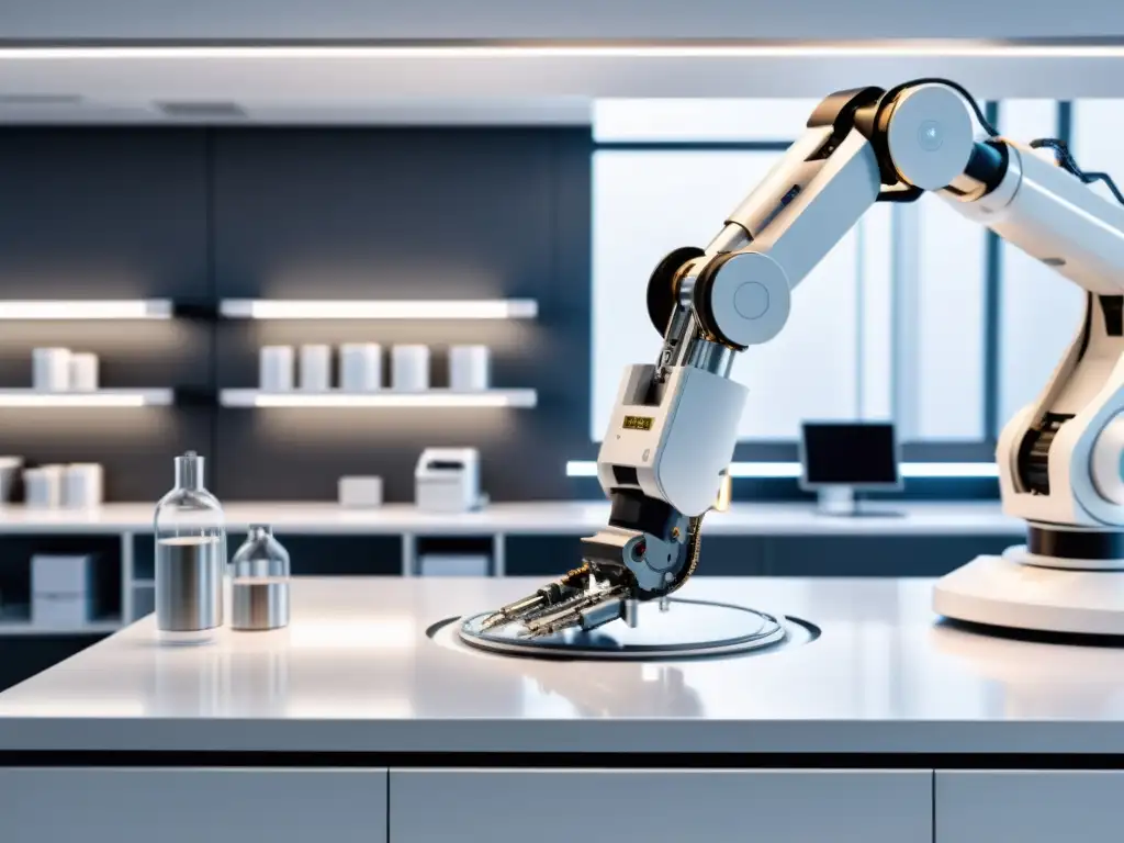 Un brazo robótico futurista en un laboratorio blanco, mostrando tecnología de vanguardia en la Normativa Internacional Propiedad Intelectual Robótica