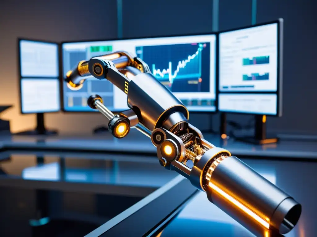Un brazo robótico futurista con luces LED y circuitos, en un laboratorio de alta tecnología