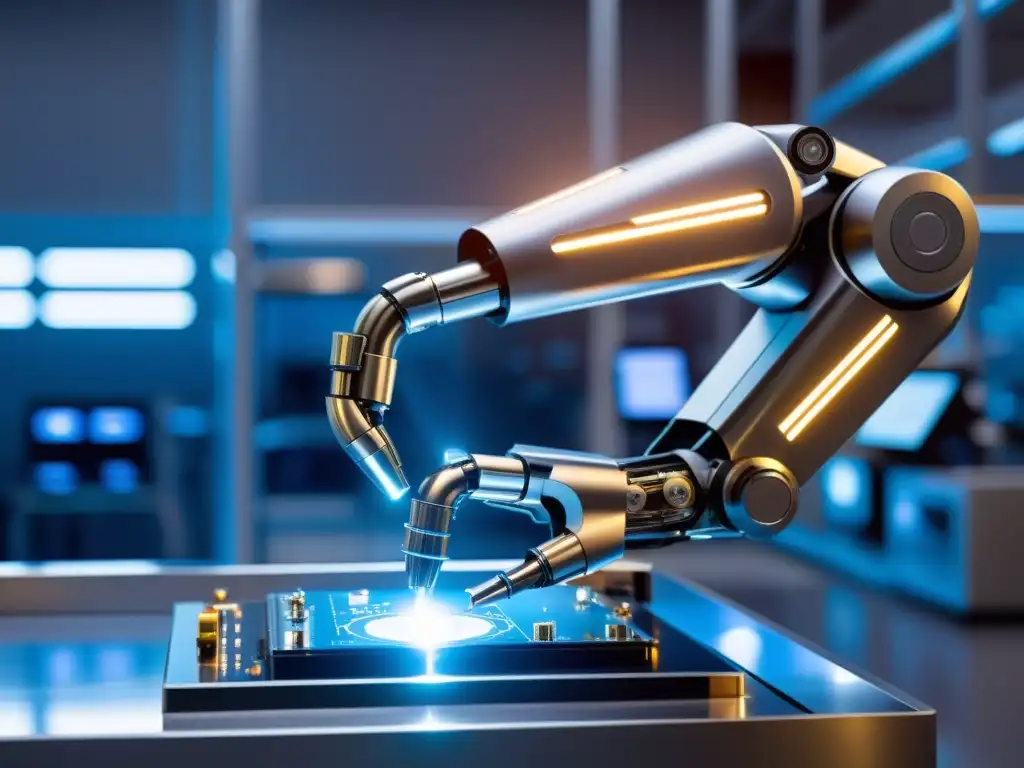 Un brazo robótico futurista manipula una placa de circuito en un laboratorio de alta tecnología